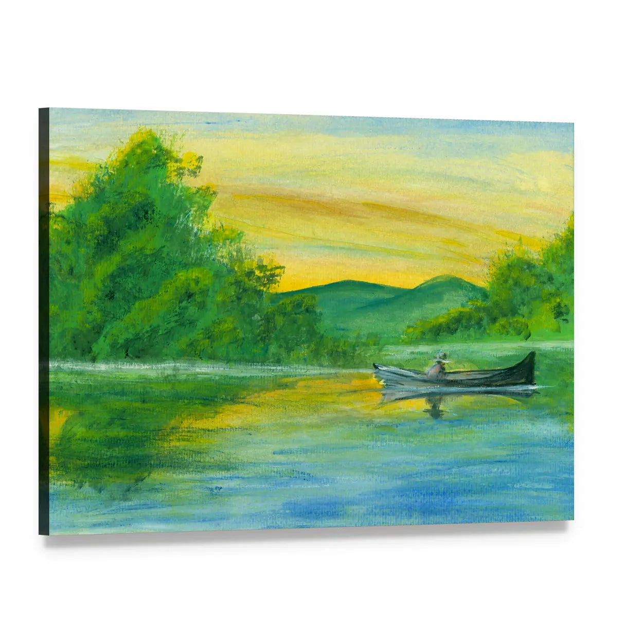 Watercolor Lake with Rowboat at Sunrise Canvas Wall Art, single panel gallery wrapped canvas, angled product view