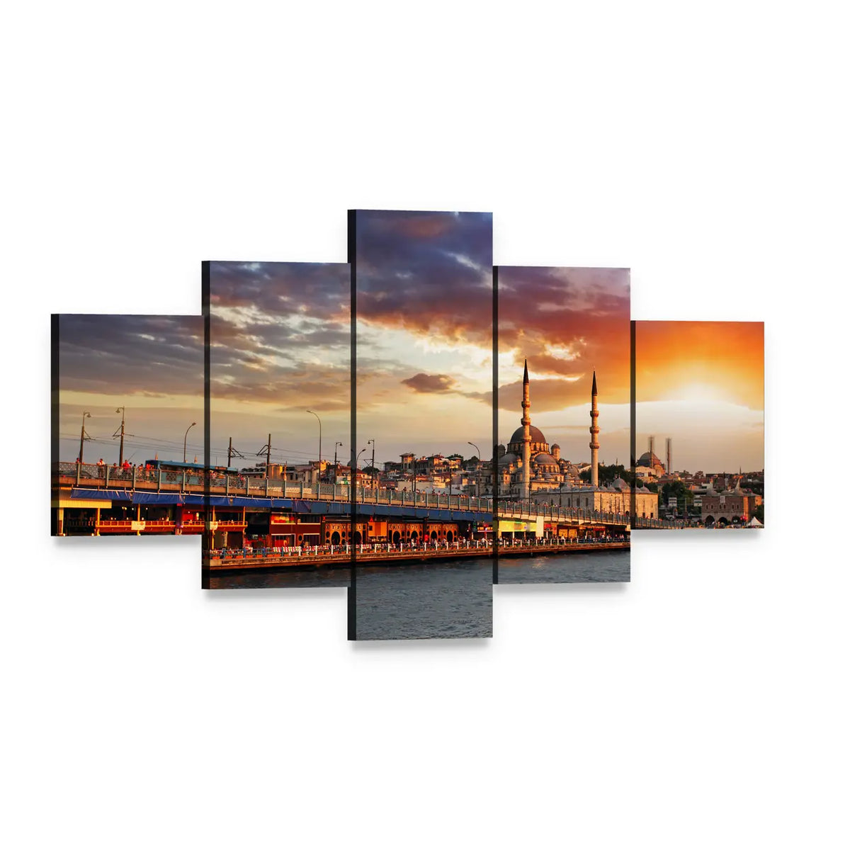 Istanbul Sunset Over Bridge and Mosque Canvas Wall Art, 5 panel 5 Star layout gallery wrapped canvas set, angled product view