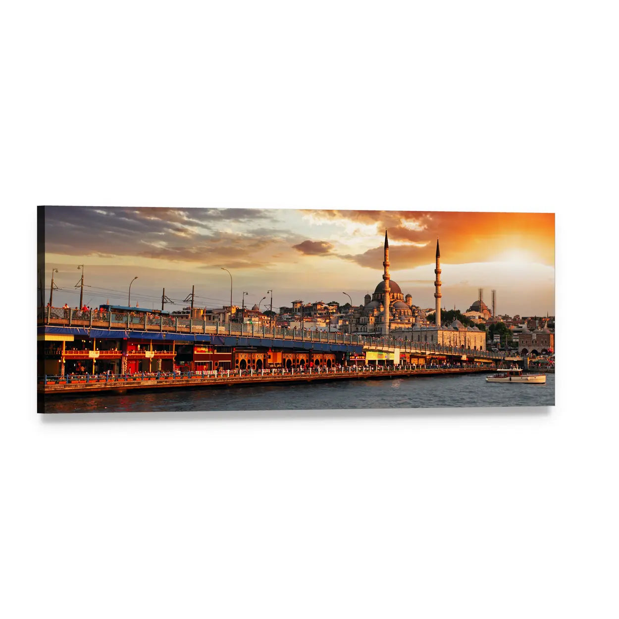 Istanbul Sunset Over Galata Bridge Panoramic Canvas Wall Art, single panel gallery wrapped canvas, angled product view
