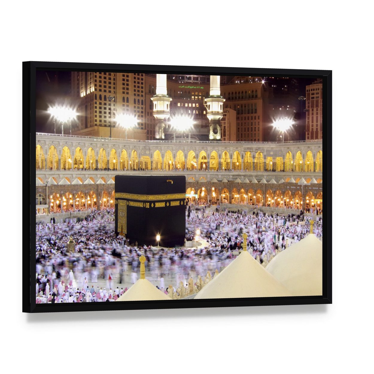 Kaaba at Night Canvas Wall Art, framed canvas in a black floater frame, angled product view