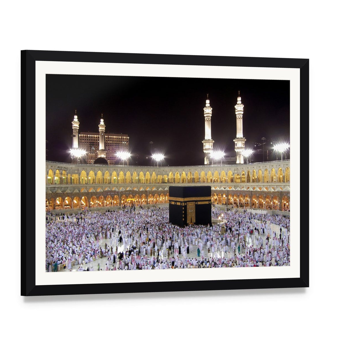 Night View of the Kaaba Canvas Wall Art, framed print with white mat and black frame, angled product view