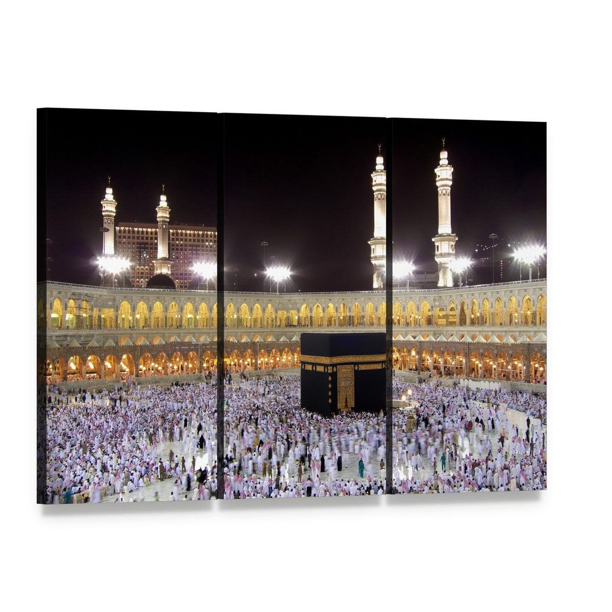 Night View of the Kaaba Canvas Wall Art, 3 panel 3 Horizontal layout gallery wrapped canvas set, angled product view