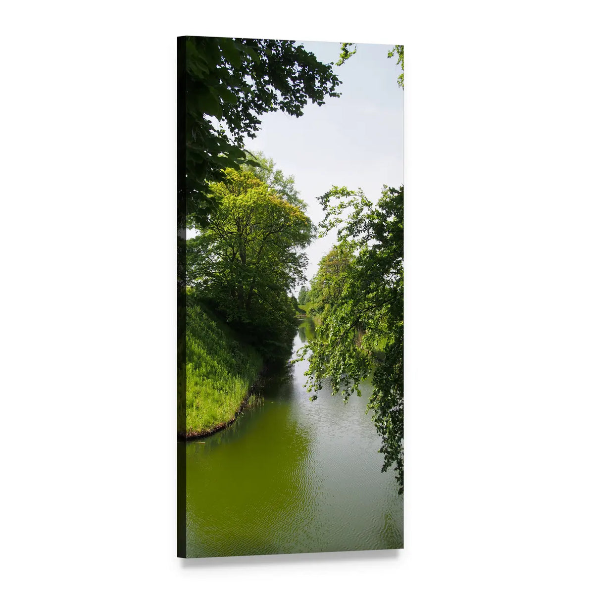 Swedish River with Lush Green Banks Vertical Canvas Wall Art, 1 panel 1 Vertical layout gallery wrapped canvas set, angled product view