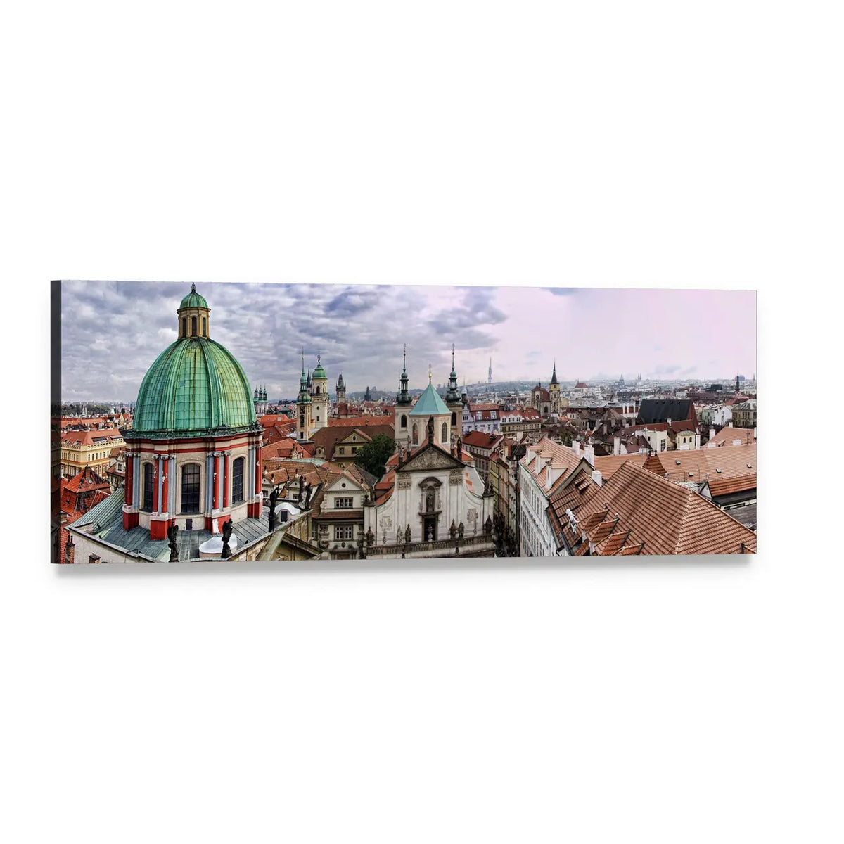 Old Town Rooftops with Green Copper Dome Panoramic Canvas Wall Art, single panel gallery wrapped canvas, angled product view