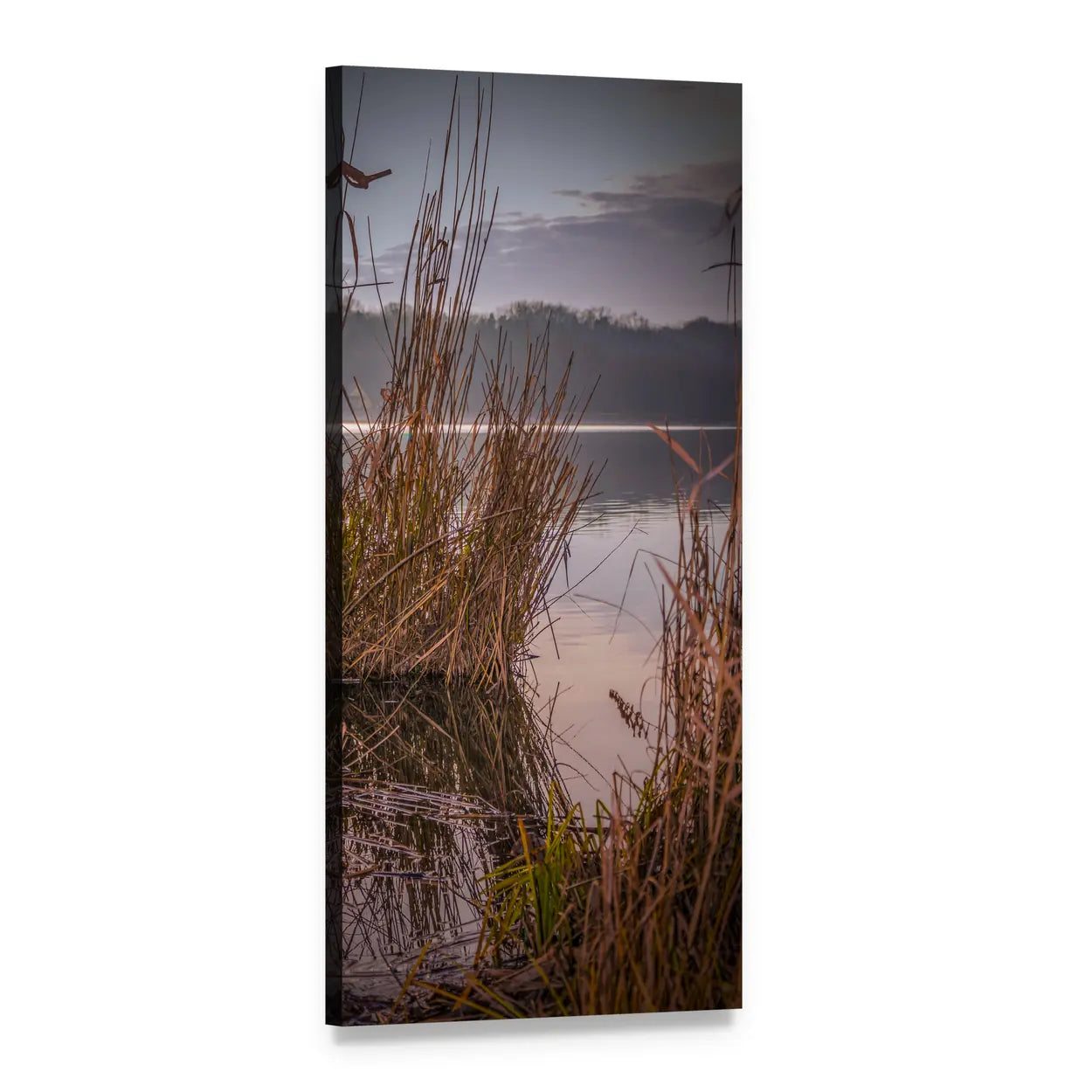 Misty Sunrise Over Reed-fringed Lake Vertical Canvas Wall Art, 1 panel 1 Vertical layout gallery wrapped canvas set, angled product view