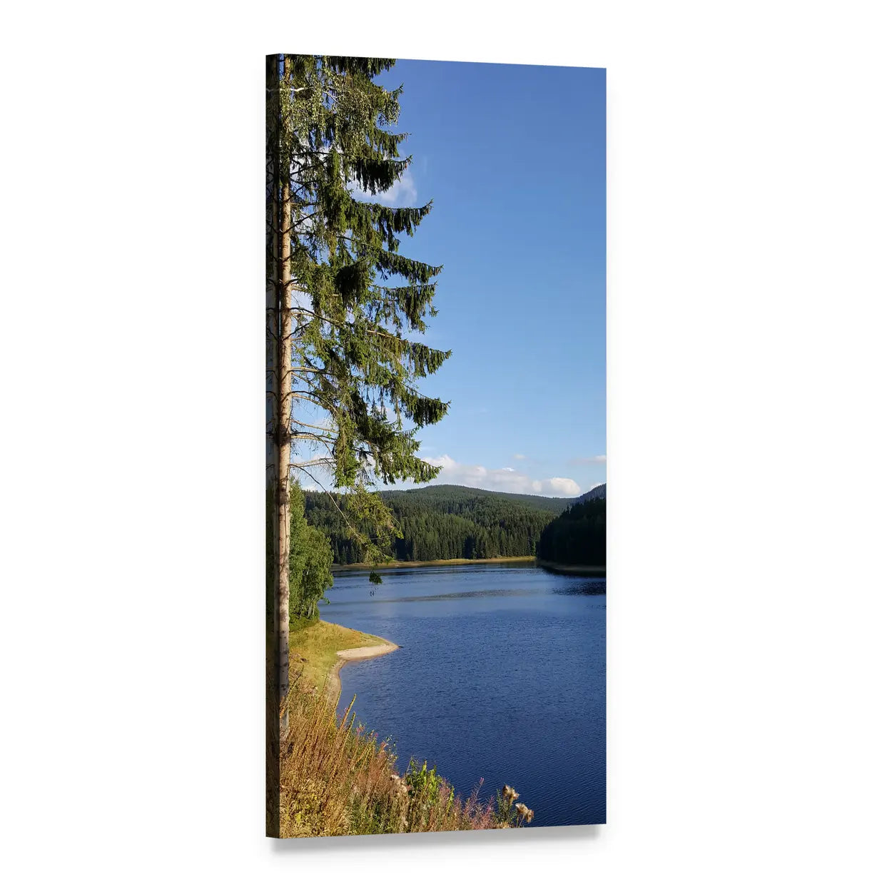 Calm Blue Lake with Evergreen Tree Vertical Canvas Wall Art, 1 panel 1 Vertical layout gallery wrapped canvas set, angled product view