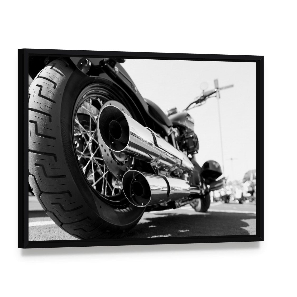 Motorcycle Rear Wheel Canvas Wall Art, framed canvas in a black floater frame, angled product view
