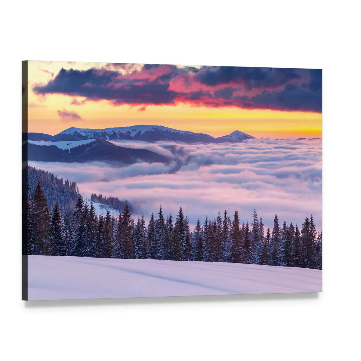 Fog Over Winter Mountains at Sunset Canvas Wall Art, single panel gallery wrapped canvas, angled product view