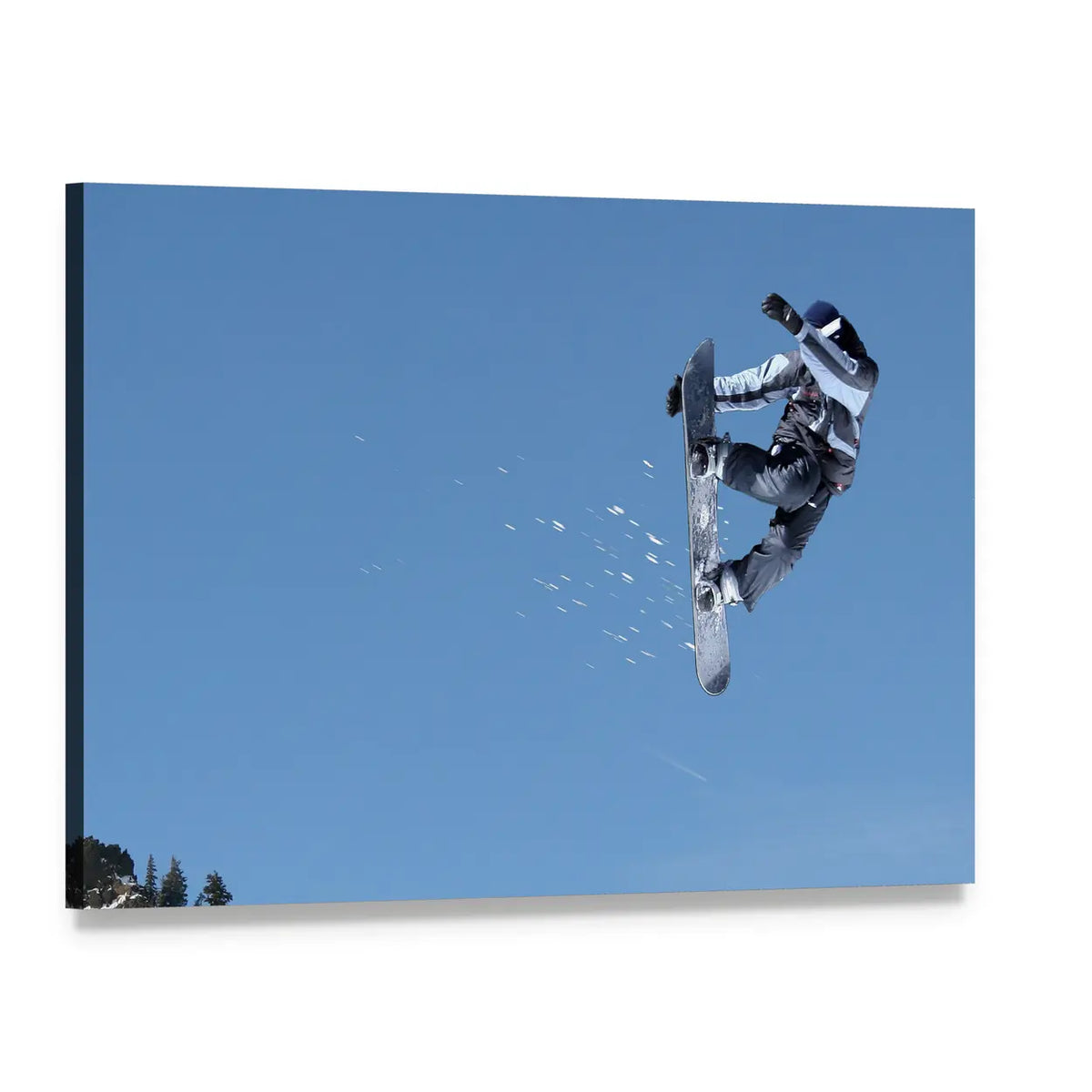 Snowboarder Jumping High at Lake Tahoe Canvas Wall Art, single panel gallery wrapped canvas, angled product view