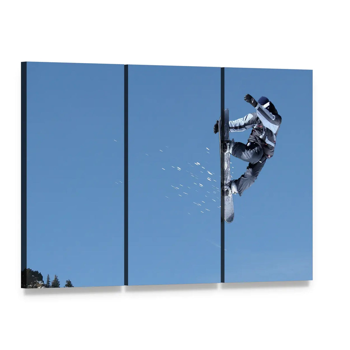 Snowboarder Jumping High at Lake Tahoe Canvas Wall Art, 3 panel 3 Horizontal layout gallery wrapped canvas set, angled product view