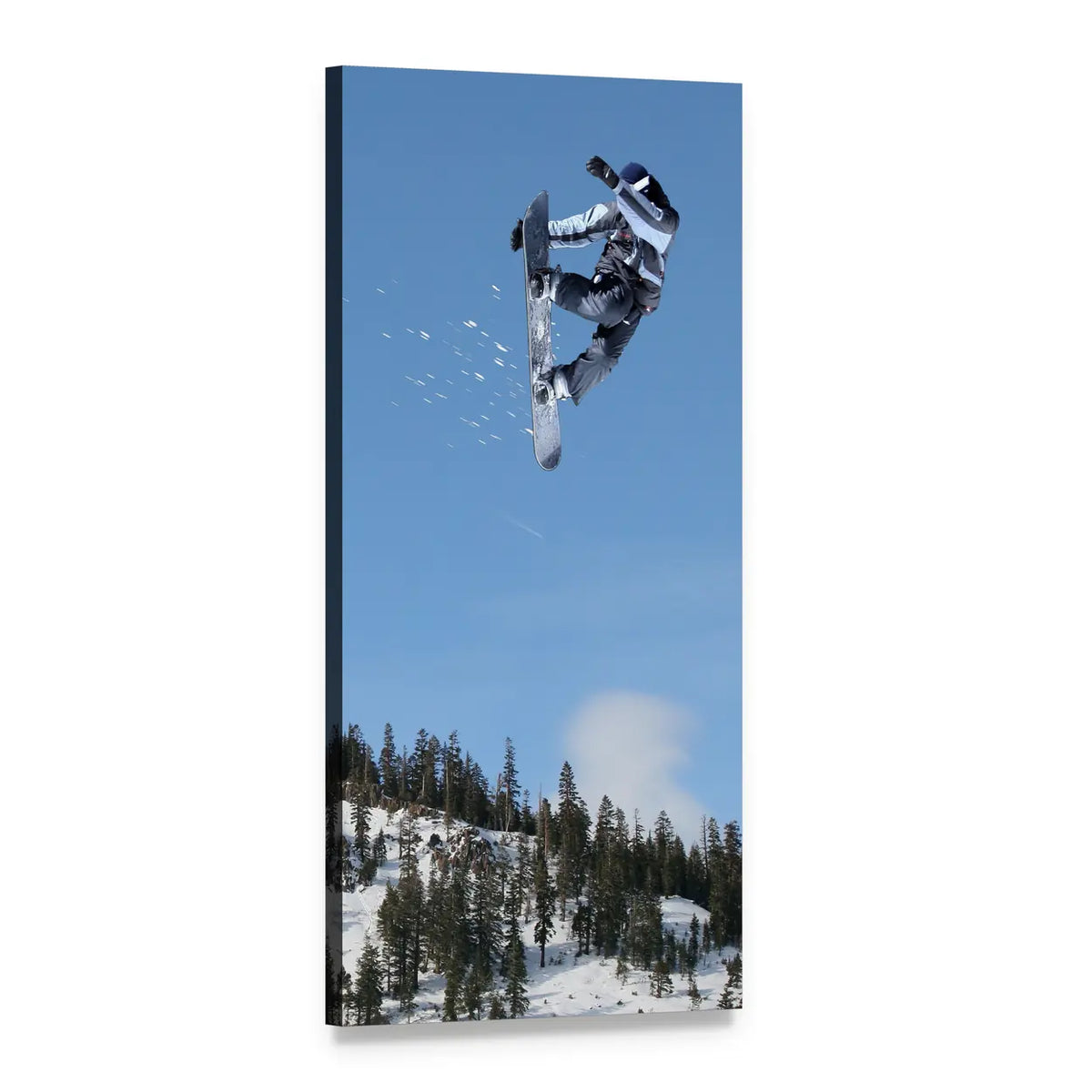 Snowboarder Mid-air Board Grab Vertical Canvas Wall Art, 1 panel 1 Vertical layout gallery wrapped canvas set, angled product view