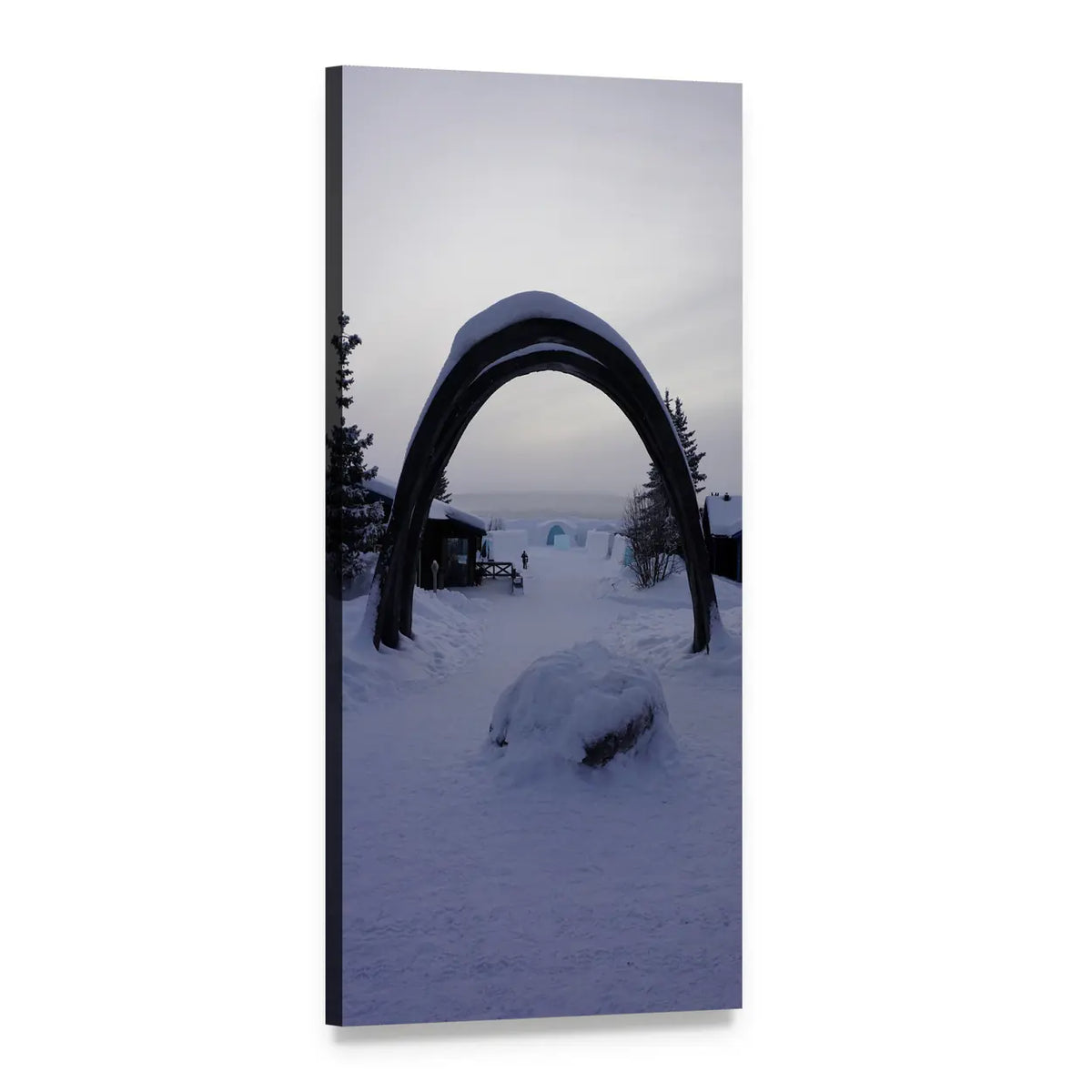 Whalebone Arch Framing Winter Village Vertical Canvas Wall Art, 1 panel 1 Vertical layout gallery wrapped canvas set, angled product view