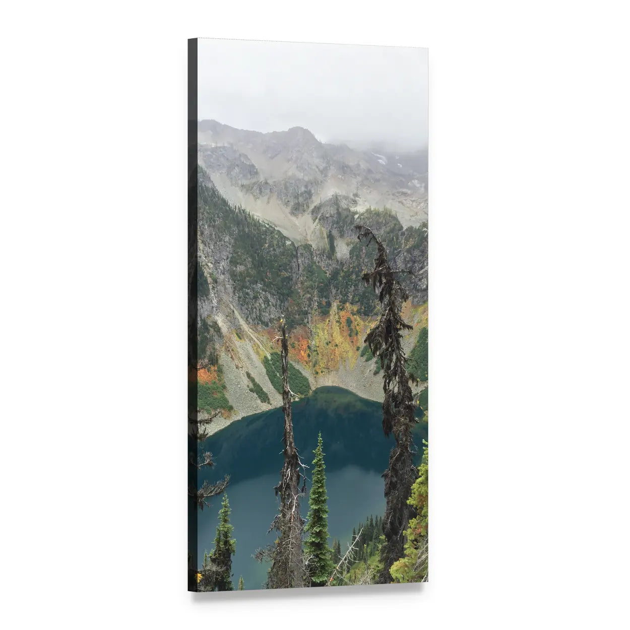 Misty Mountain Lake with Evergreens Vertical Canvas Wall Art, 1 panel 1 Vertical layout gallery wrapped canvas set, angled product view