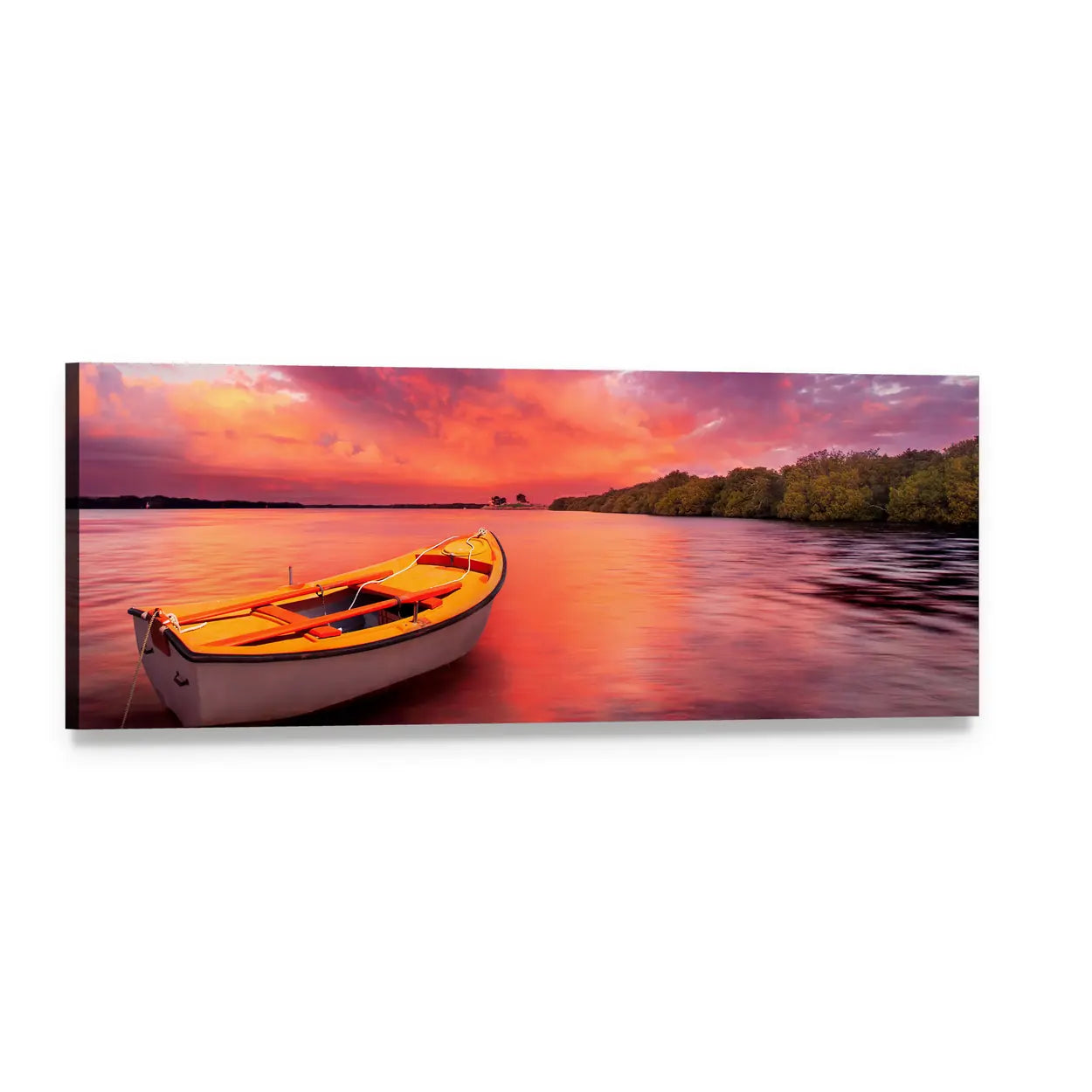 White Rowboat at Sunset Panoramic Canvas Wall Art, single panel gallery wrapped canvas, angled product view