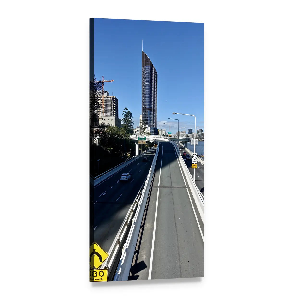 Brisbane Highway Ramp and City Buildings Vertical Canvas Wall Art, 1 panel 1 Vertical layout gallery wrapped canvas set, angled product view