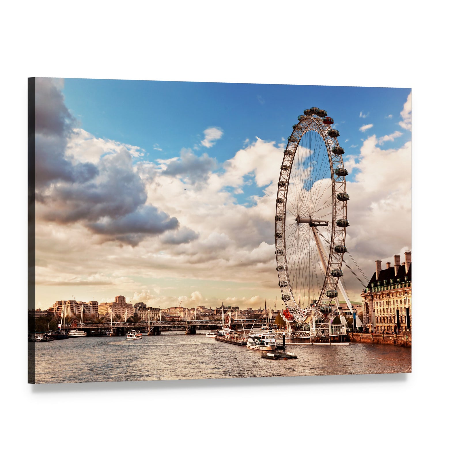 London Eye Over Thames River Canvas Wall Art, single panel gallery wrapped canvas, angled product view