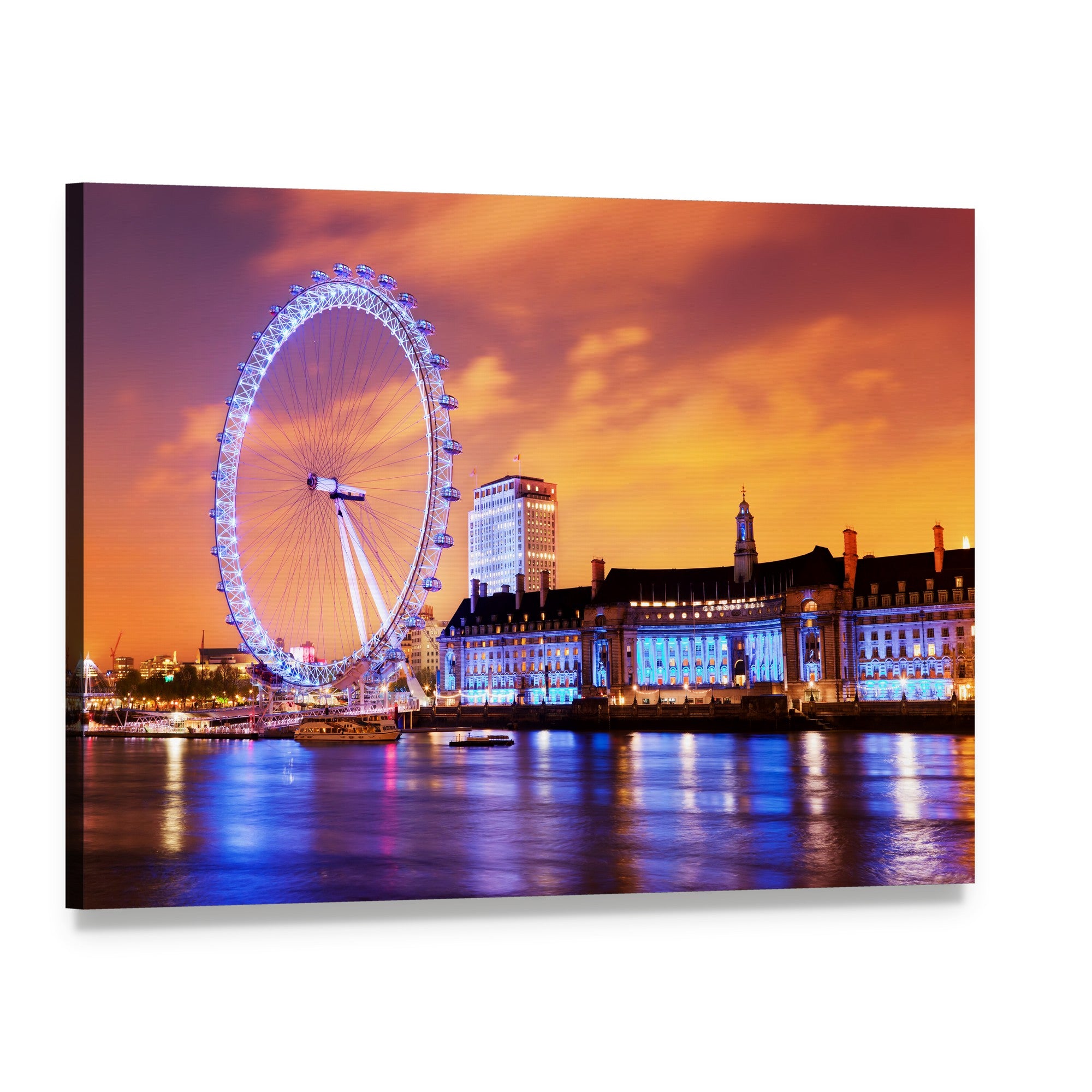 Evening London Skyline with Ferris Wheel Canvas Wall Art, single panel gallery wrapped canvas, angled product view