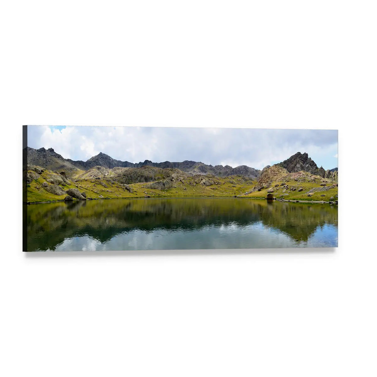Alpine Lake with Mountain Reflections Panoramic Canvas Wall Art, single panel gallery wrapped canvas, angled product view