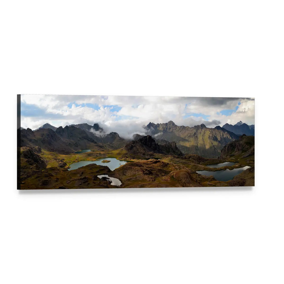 Rugged Alpine Peaks with Turquoise Lakes Panoramic Canvas Wall Art, single panel gallery wrapped canvas, angled product view
