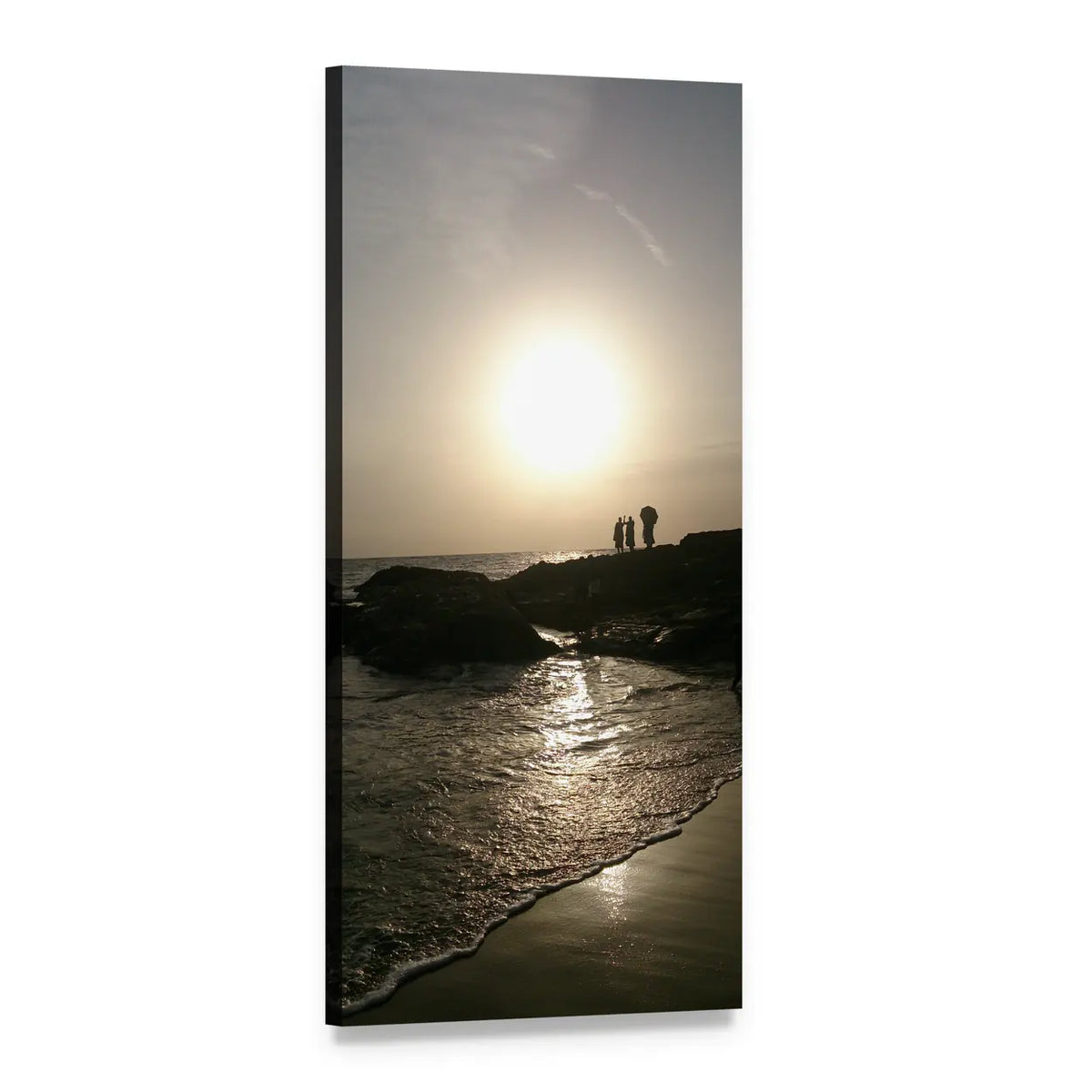 Golden Sunset Silhouettes on Wet Sand Vertical Canvas Wall Art, 1 panel 1 Vertical layout gallery wrapped canvas set, angled product view