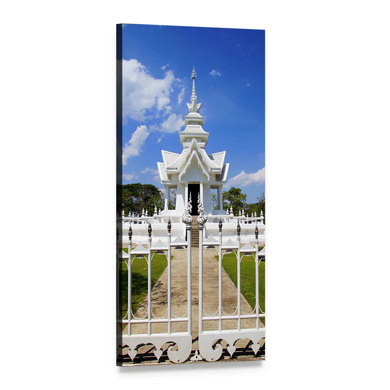 Ornate White Thai Temple Gate Vertical Canvas Wall Art, 1 panel 1 Vertical layout gallery wrapped canvas set, angled product view