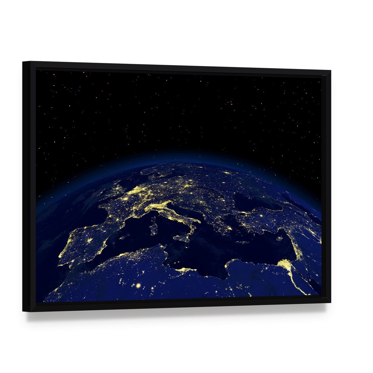 Earth at Night Canvas Wall Art, framed canvas in a black floater frame, angled product view