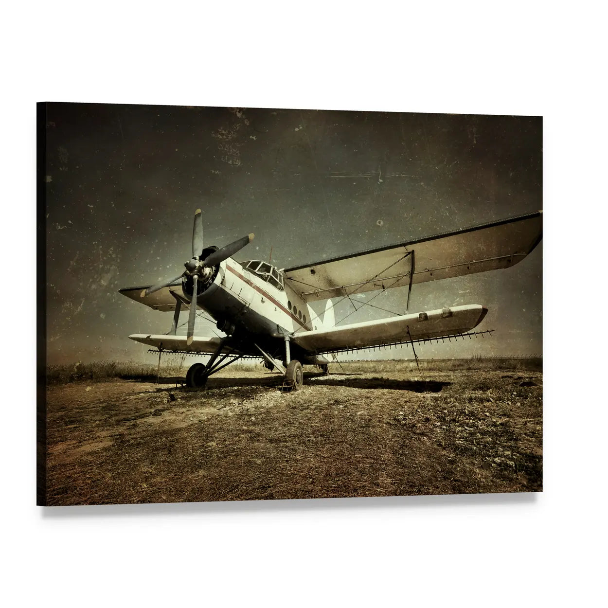 Grunge Vintage Military Biplane Canvas Wall Art, single panel gallery wrapped canvas, angled product view