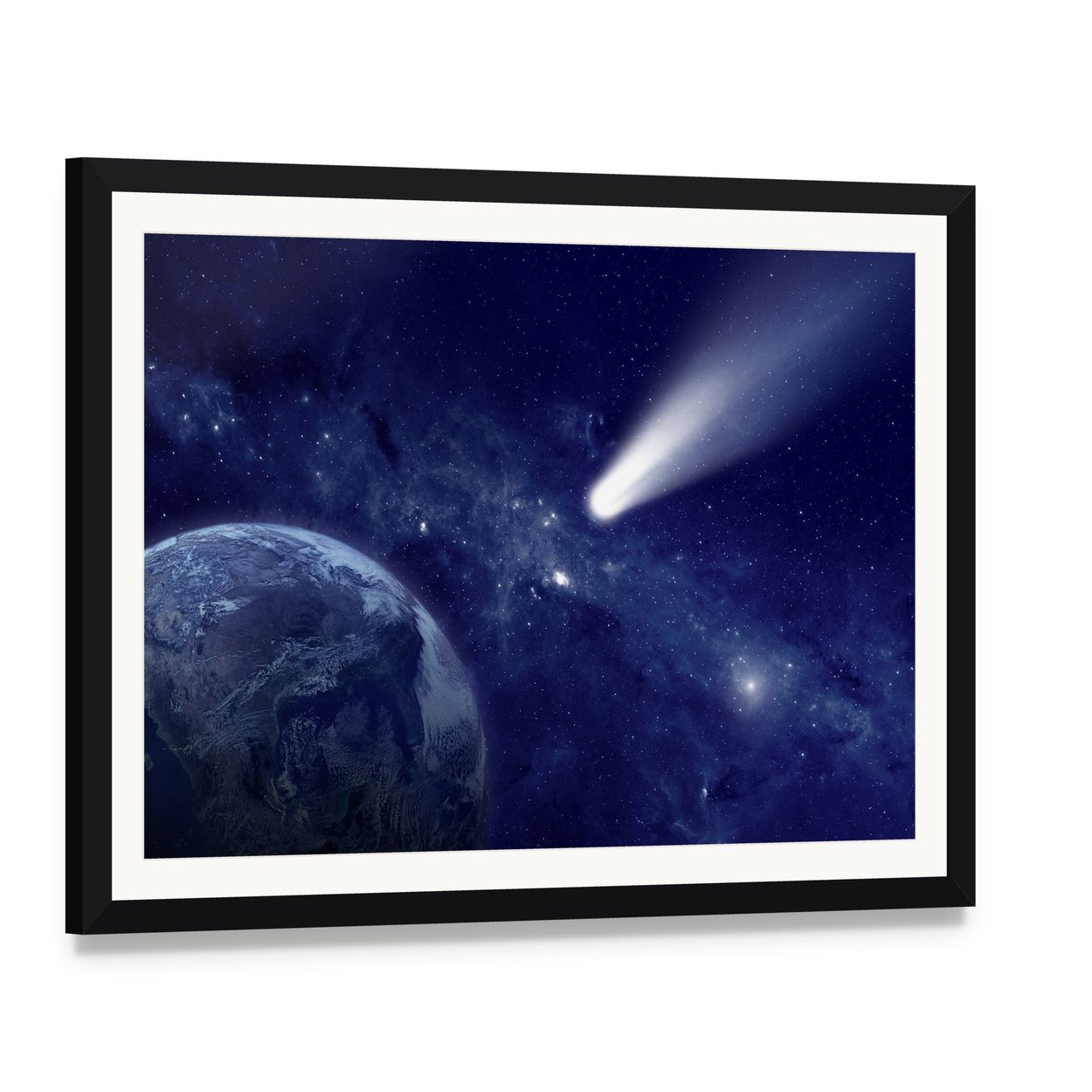 Comet Approaching Planet Canvas Wall Art, framed print with white mat and black frame, angled product view
