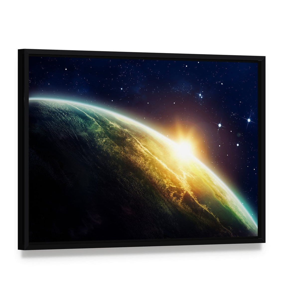 Sunrise on the Planet from Space Canvas Wall Art, framed canvas in a black floater frame, angled product view