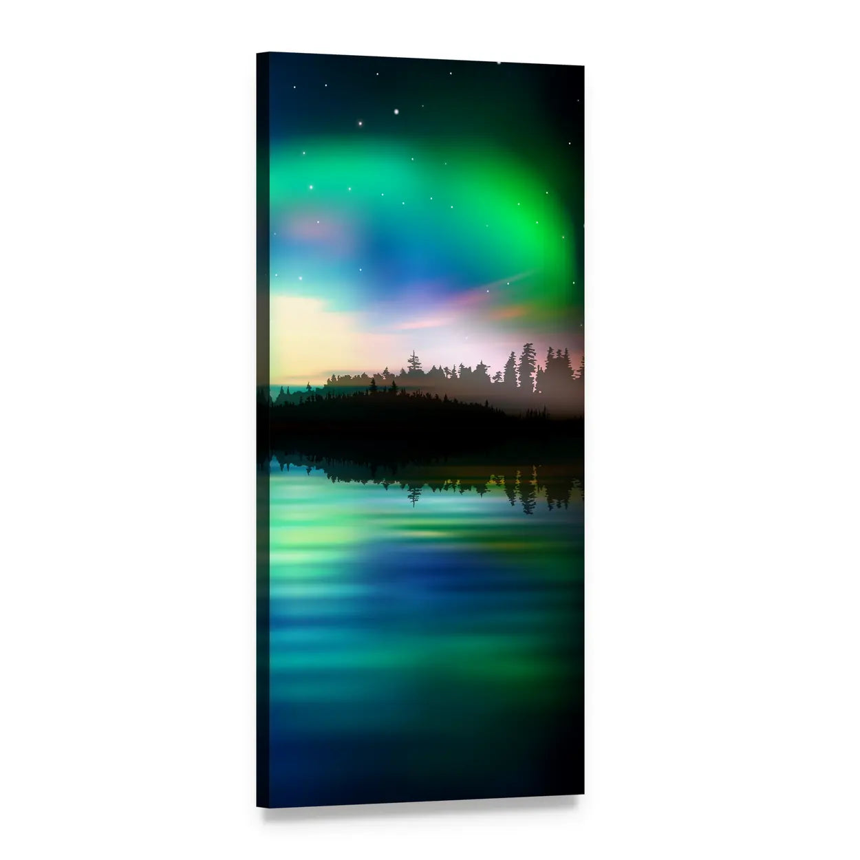 Green Aurora Borealis Over Pine Lake Vertical Canvas Wall Art, 1 panel 1 Vertical layout gallery wrapped canvas set, angled product view