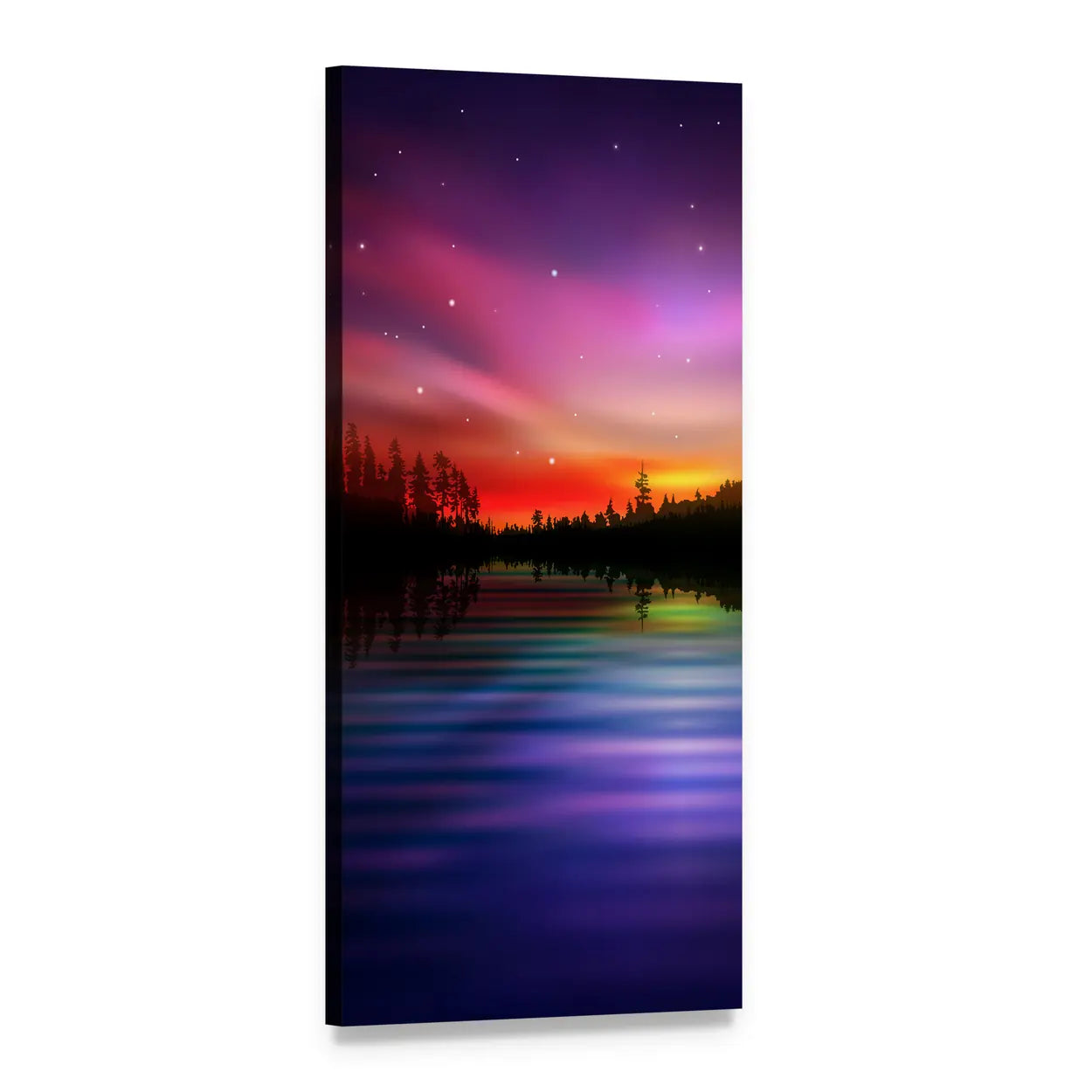 Pink Aurora Over Lake at Night Vertical Canvas Wall Art, 1 panel 1 Vertical layout gallery wrapped canvas set, angled product view