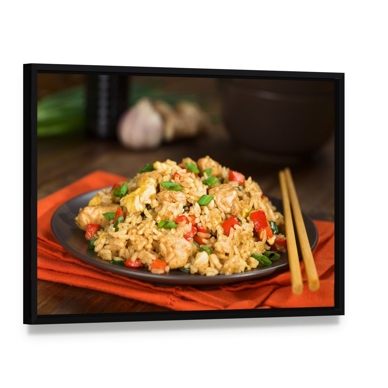 Chinese Chicken Fried Rice Canvas Wall Art, framed canvas in a black floater frame, angled product view