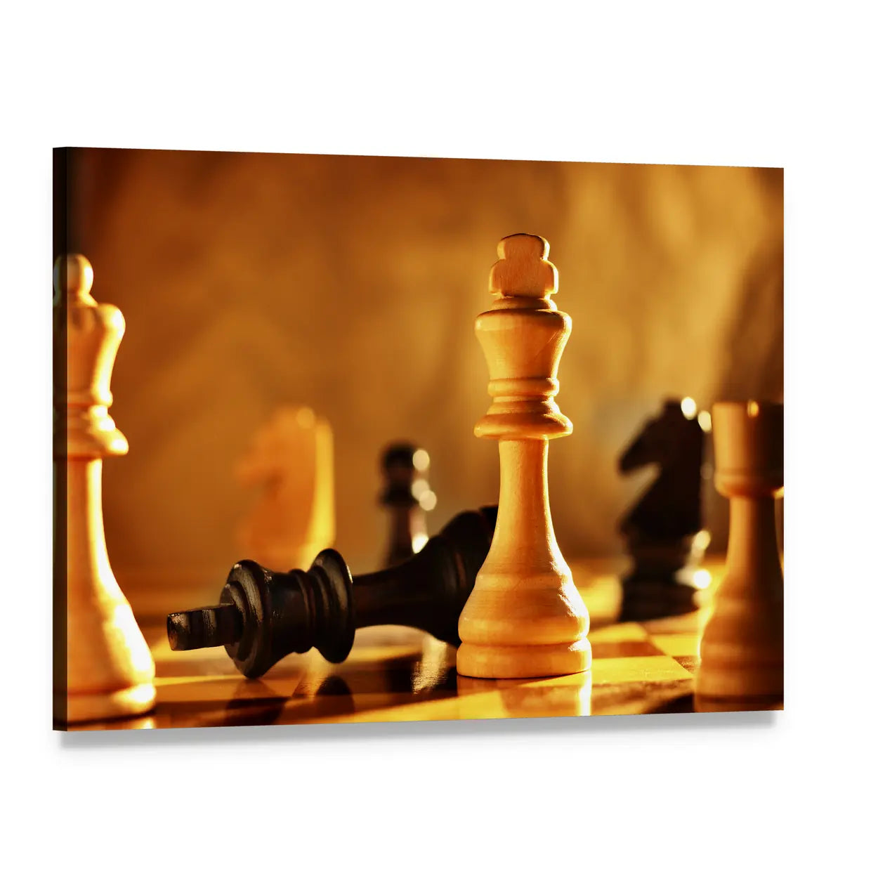 Standing Chess King Beside Fallen Opponent Canvas Wall Art, single panel gallery wrapped canvas, angled product view