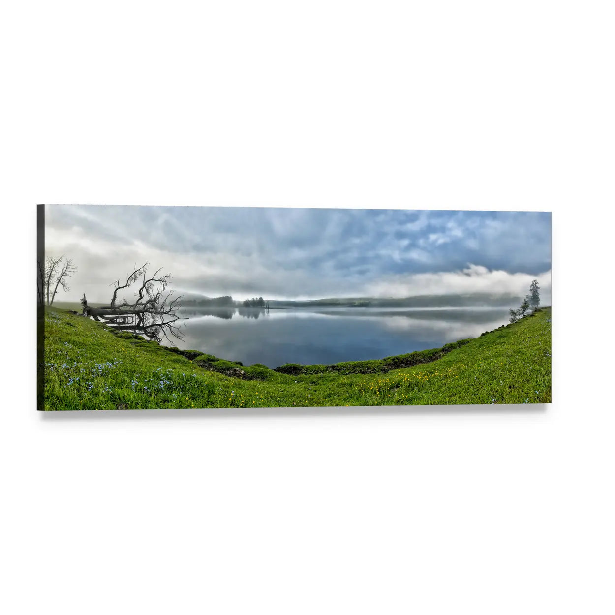 Morning Mist Over Lake Panoramic Canvas Wall Art, single panel gallery wrapped canvas, angled product view