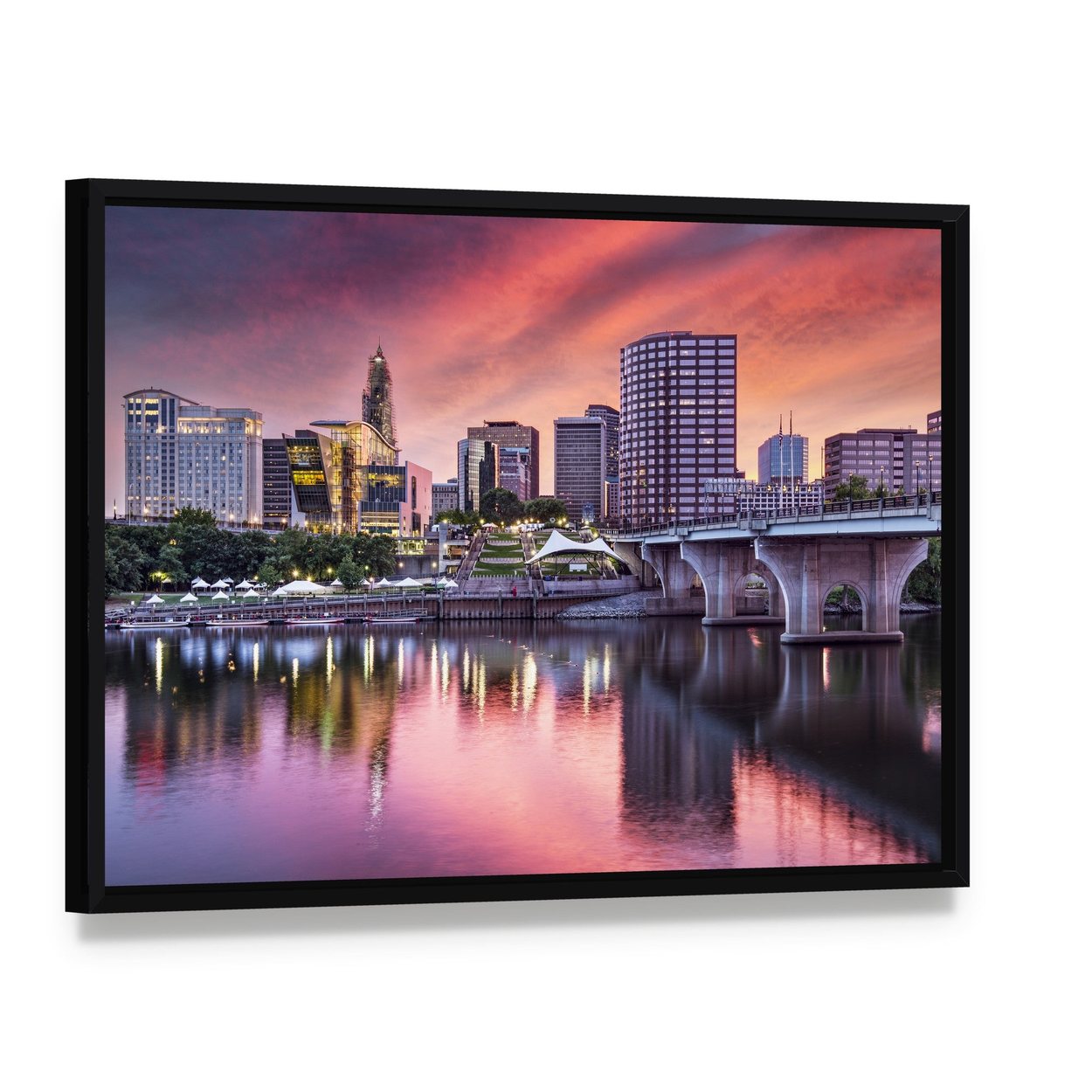 Hartford Connecticut Sunset Skyline Canvas Wall Art, framed canvas in a black floater frame, angled product view