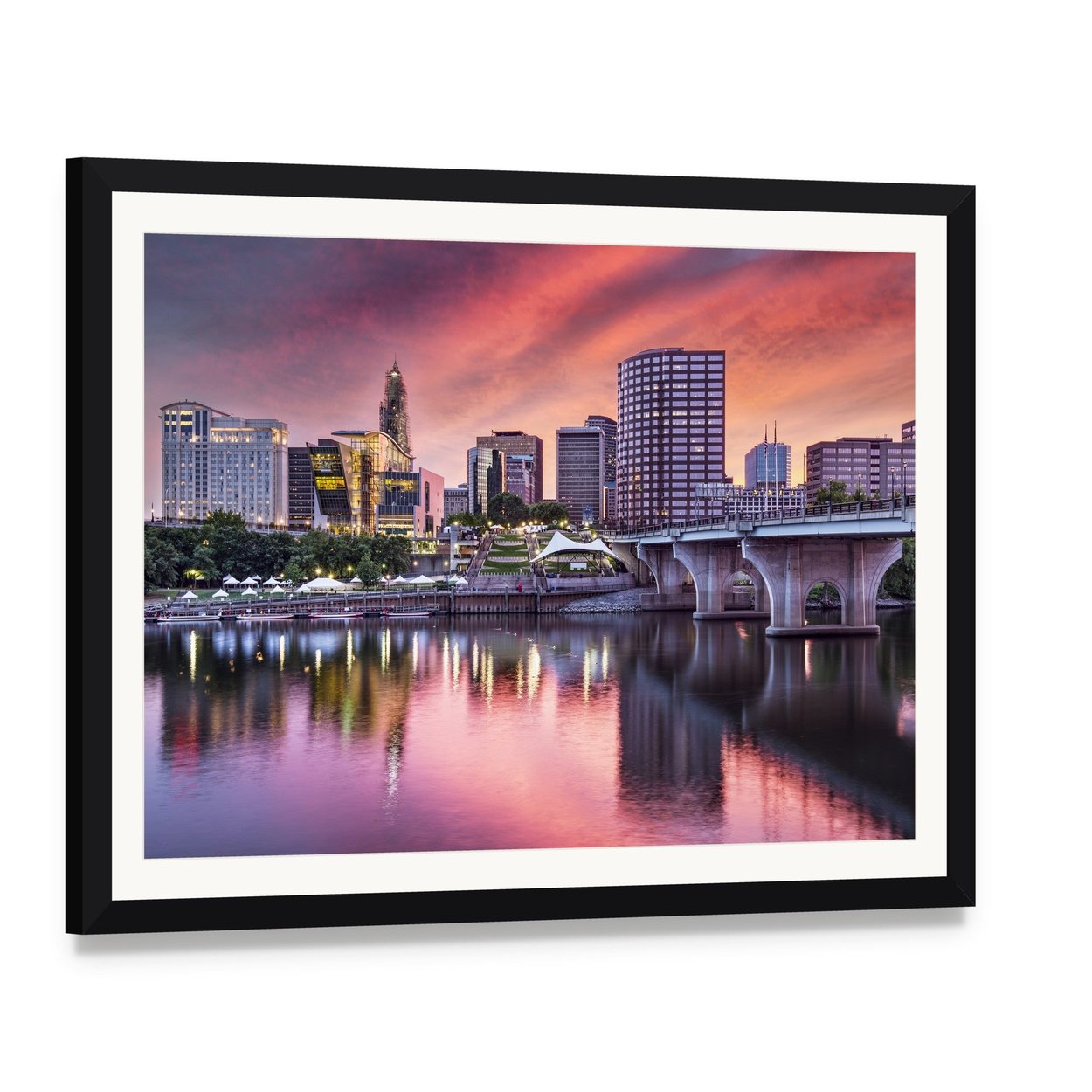 Hartford Connecticut Sunset Skyline Canvas Wall Art, framed print with white mat and black frame, angled product view