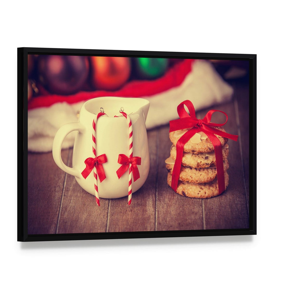 Cookies and Milk Pitcher Canvas Wall Art, framed canvas in a black floater frame, angled product view