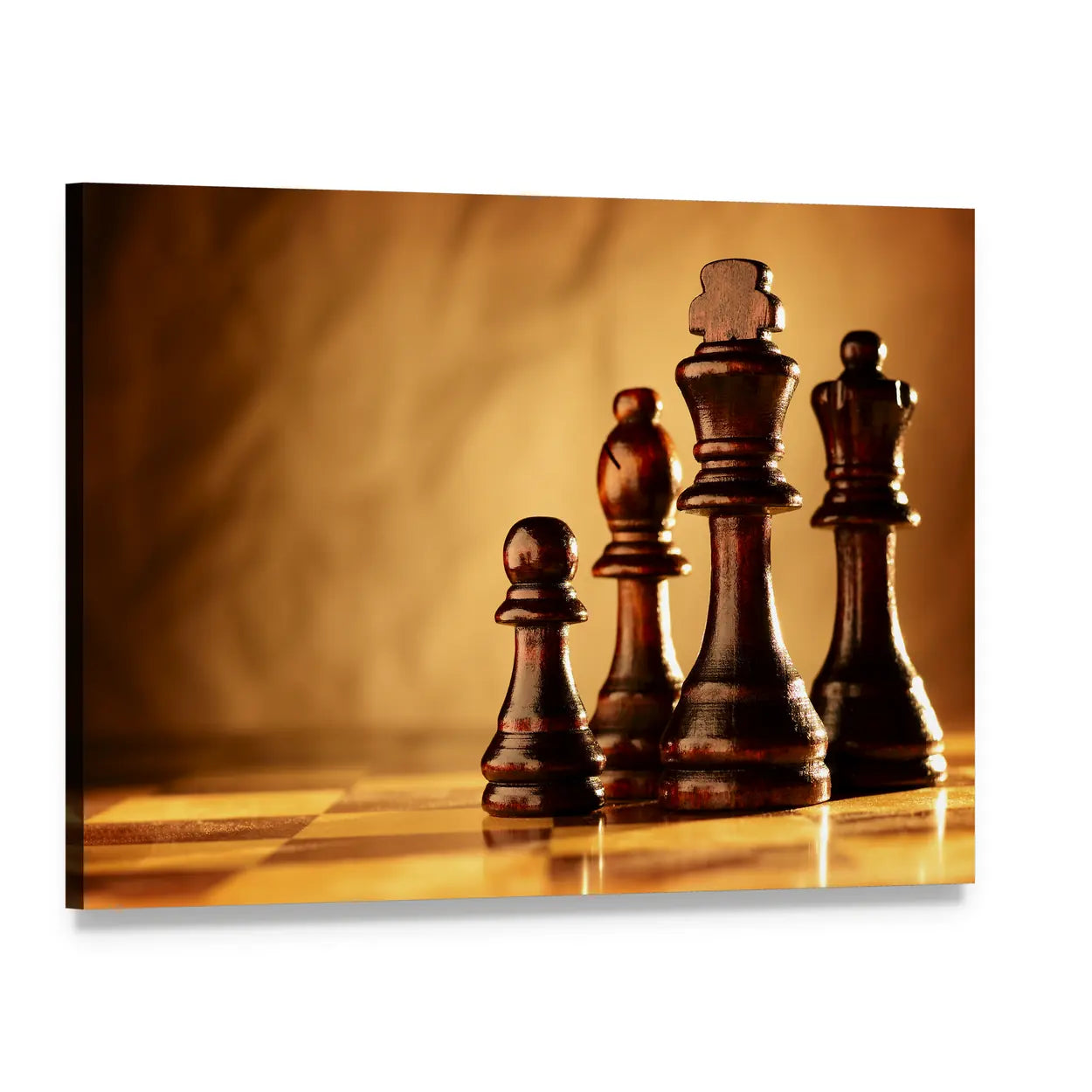 Wooden Chess Pieces on Board Canvas Wall Art, single panel gallery wrapped canvas, angled product view