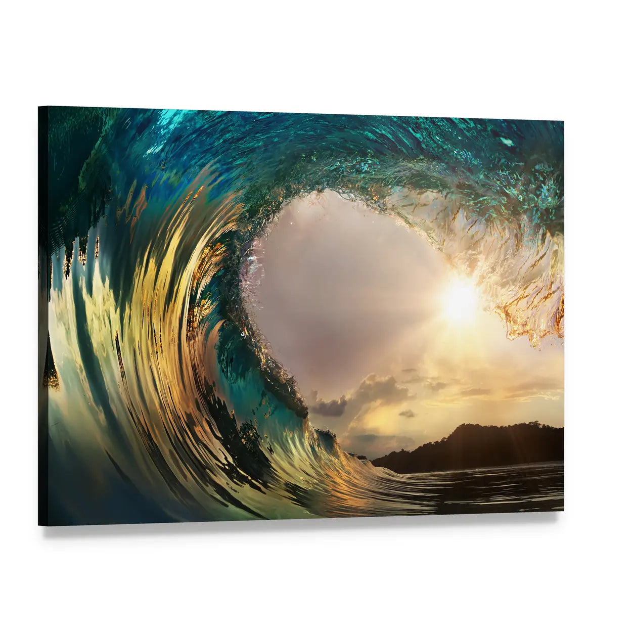 Breaking Ocean Wave at Sunset Canvas Wall Art, single panel gallery wrapped canvas, angled product view