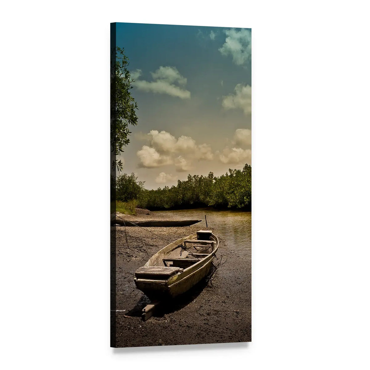 Weathered Rowboat on the Gambia River Vertical Canvas Wall Art, 1 panel 1 Vertical layout gallery wrapped canvas set, angled product view