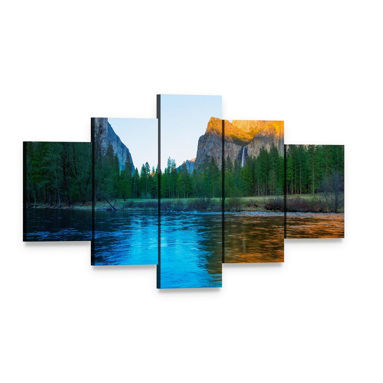 Yosemite Merced River at Sunset Canvas Wall Art, 5 panel 5 Star layout gallery wrapped canvas set, angled product view