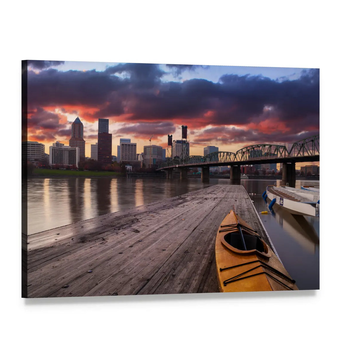 Portland Sunset Over River Skyline Canvas Wall Art, single panel gallery wrapped canvas, angled product view
