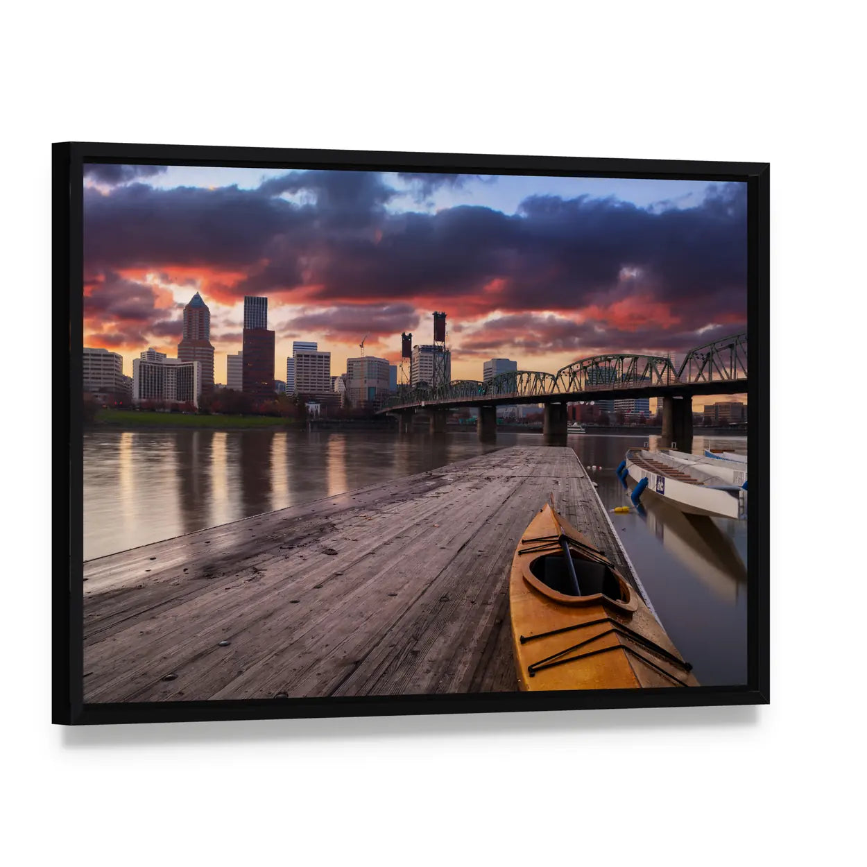 Portland Sunset Over River Skyline Canvas Wall Art, framed canvas in a black floater frame, angled product view