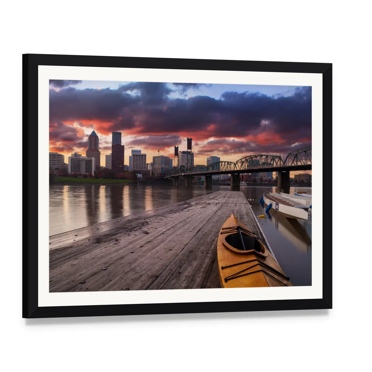 Portland Sunset Over River Skyline Canvas Wall Art, framed print with white mat and black frame, angled product view