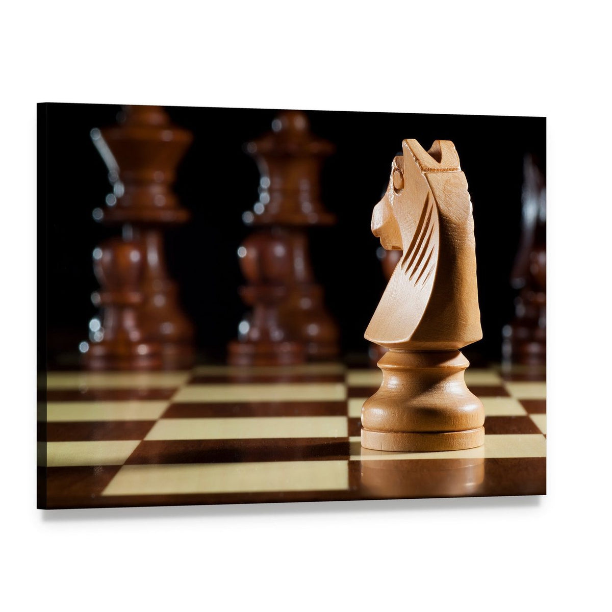 White Knight Chess on Chessboard Canvas Wall Art, single panel gallery wrapped canvas, angled product view