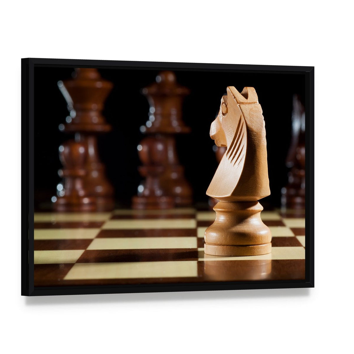 White Knight Chess on Chessboard Canvas Wall Art, framed canvas in a black floater frame, angled product view