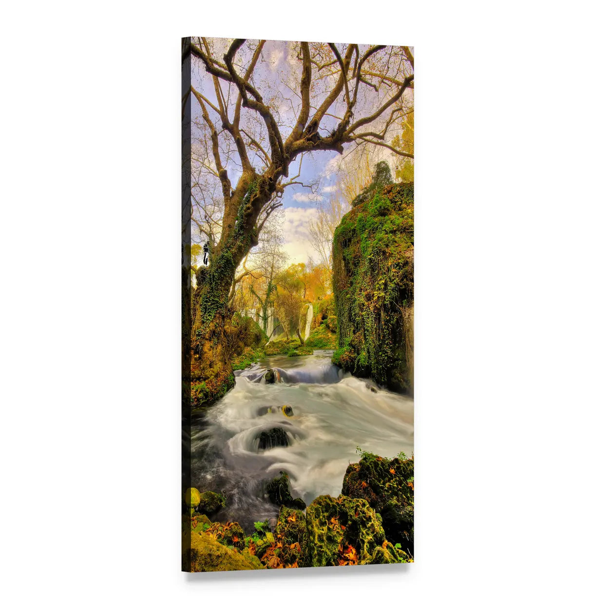 Tree Beside Waterfall in Forest Vertical Canvas Wall Art, 1 panel 1 Vertical layout gallery wrapped canvas set, angled product view