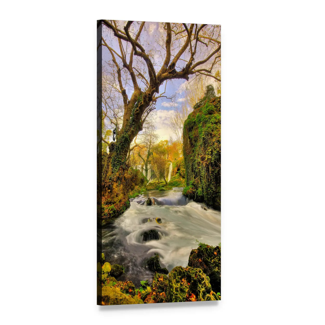Autumn Forest Waterfall and Stream Vertical Canvas Wall Art, 1 panel 1 Vertical layout gallery wrapped canvas set, angled product view