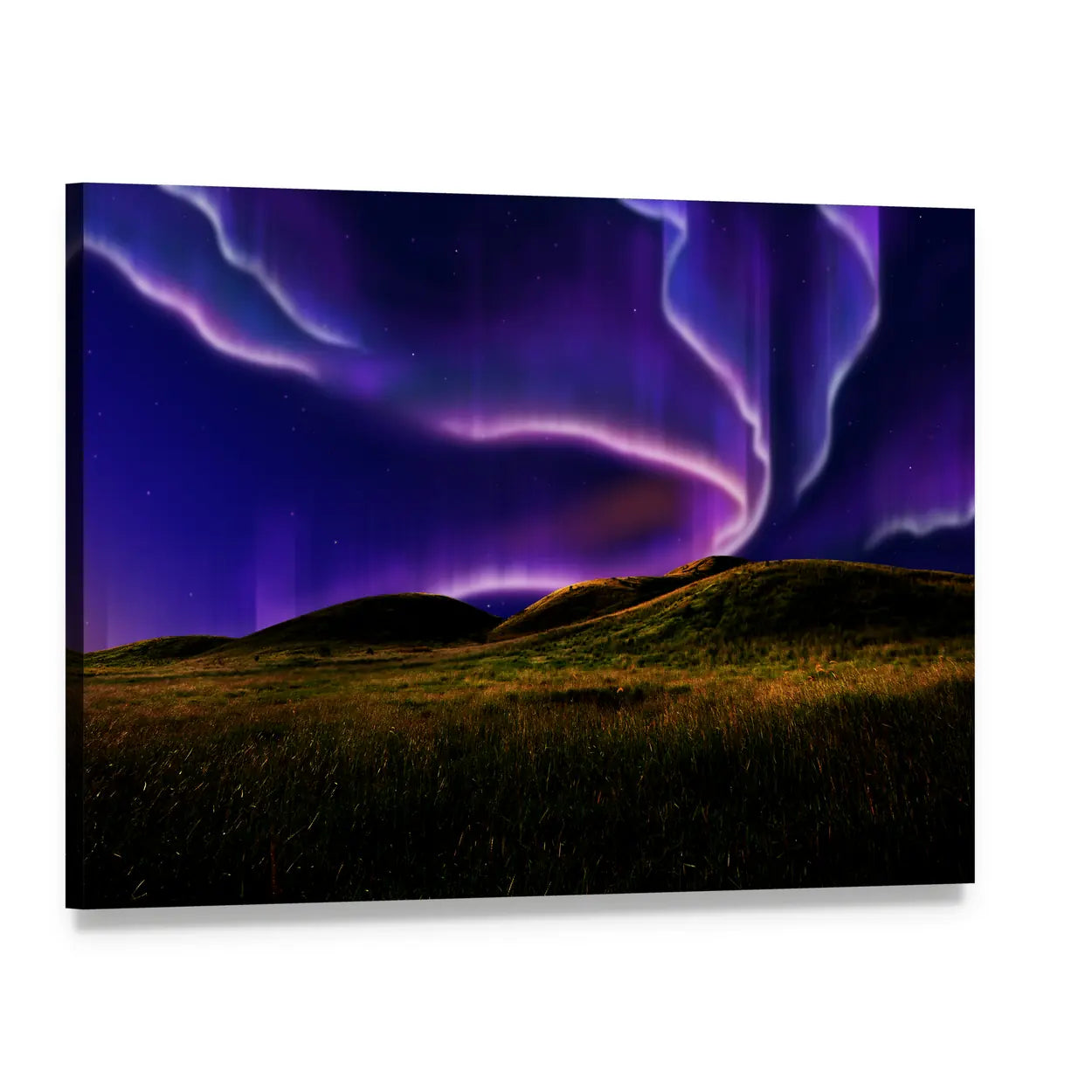 Northern Lights Over Silent Field Canvas Wall Art, single panel gallery wrapped canvas, angled product view