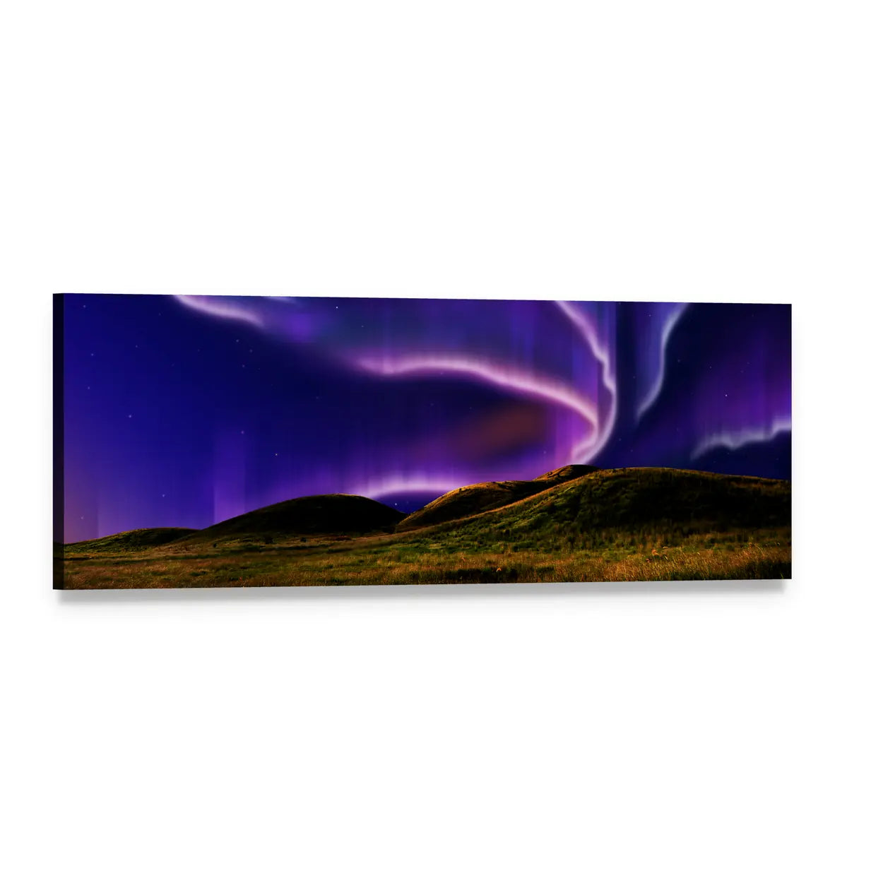 Northern Lights Over Silent Field Panoramic Canvas Wall Art, single panel gallery wrapped canvas, angled product view